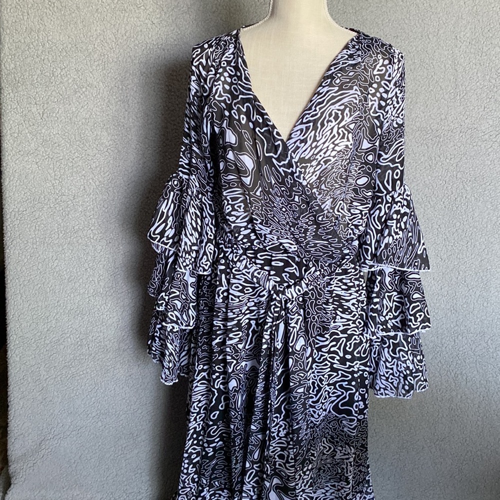 AA FRIDA Maxi Dress Size S Small Formal Black White Tiered Ruffle Sheer Elegant